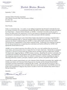 Click here to see a full size scan of the original letter from the U.S. Senate creating ADHD Awareness Day.